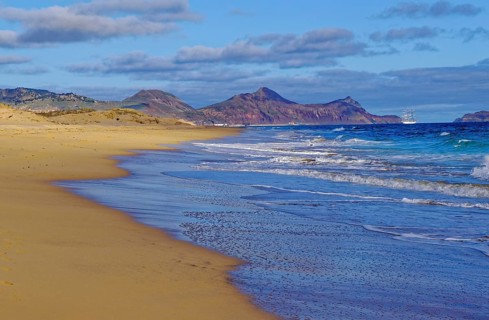 Beach, sand, sea, waves, ship, south coast, Atlantic Ocean, Porto Santo, Madeira Island