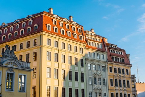 Restored old buildings in Dresden in the evening sun