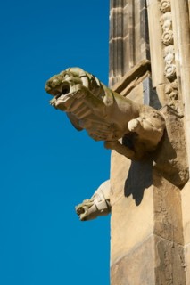 Sandstone gargoyle on the medieval façade of Magdeburg's Gothic cathedral