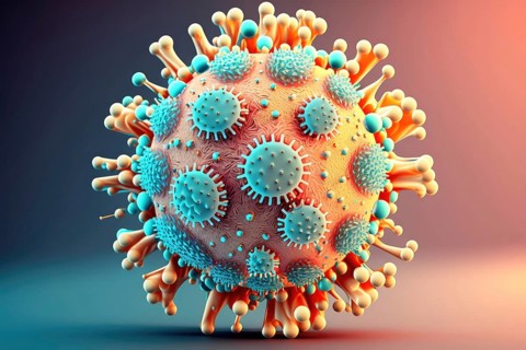 Virus cell under magnification, covid 19, illustration, 3d render. Illustration of colorful 3d cell