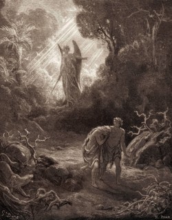 Adam and Eve are driven out of Eden, Old Testament, woodcut by Gustave Doré