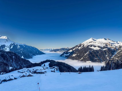 Snow-covered winter landscape near Garfrescha in the Silvretta Montafon ski area in Vorarlberg,