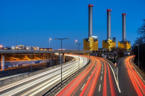 Motorway and power station seen at night in Berlin, Germany, Europe