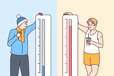 Man stands near thermometers showing different temperatures and feels heat or cold in different
