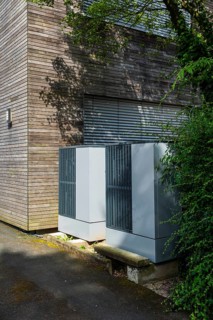 Two heat pumps in front of a house in Düsseldorf, Germany, Europe