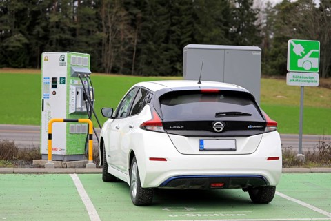 Salo, Finland, November 23, 2018: Nissan Leaf electric car charging battery at Fortum Charge &