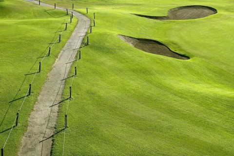 Golf course green grass hill field with holes and track way
