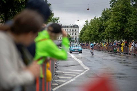 Copenhagen, Denmark, July 01, 2022: A participant and spectators at the Tour de France in the city