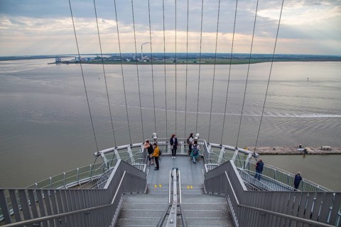 Stairway to the 86-metre-high observation deck of the Atlantic Hotel Sail City, at the back Weser,