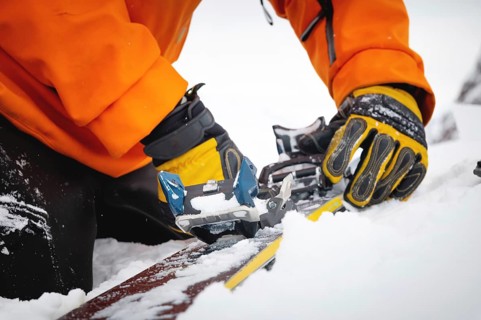 A close-up of the ski bindings as they are set up for backcountry skitouring. Sports facility