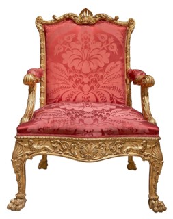 A Beautiful Ornate Throne In Gold With Red Upholstery, Isolated On A White Background