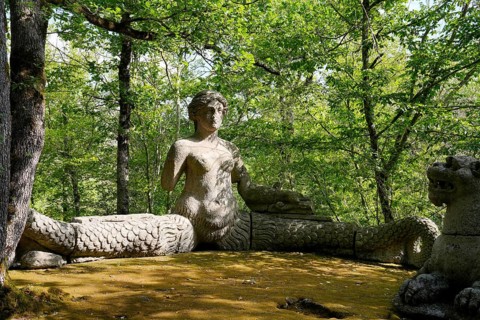 Siren and two lions, Sacro Bosco, Sacred Forest, Park of the Monsters, Parco dei Mostri, grotesque,