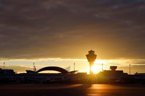 Control tower, MAC (Munich Airport Centre) Terminal 1, apron west and Vietnam Airlines Boeing B787