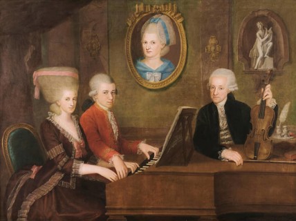 Wolfgang Amadeus Mozart with his sister Maria Anna Nannerl and father Leopold, on the wall a