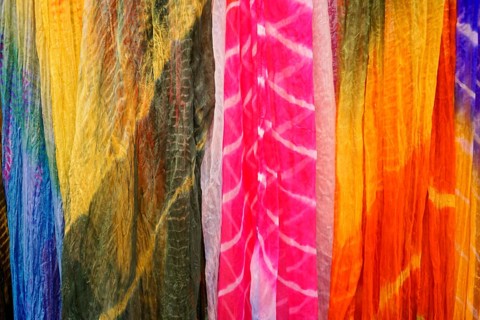Coloured silk scarves, street market, Jaisalmer, Rajasthan, India, Asia