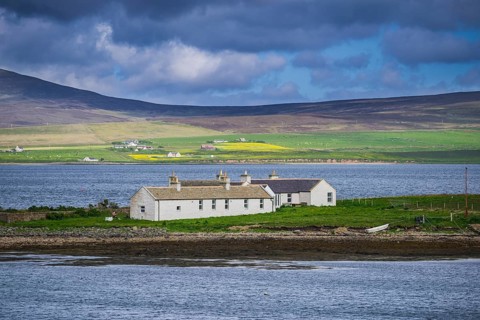 Stromness, partial view, building at the harbour entrance, Mainland, Orkney Islands, Scotland,