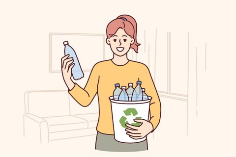 Woman puts plastic bottles in recycling bin showing awareness and concern for environment. Young
