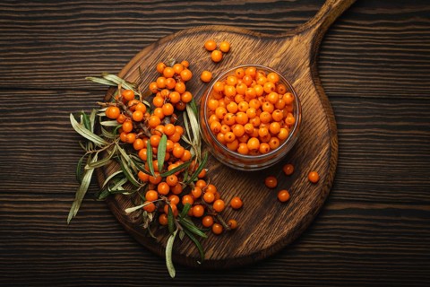 Sea buckthorn ripe berries in glass jar and branches with leaves top view on dark wooden rustic