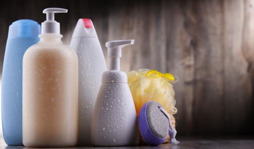 Plastic contaiers of shampoos and shower gels