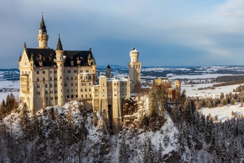 Panoramic view of Neuschwanstein Castle in winter. Germany, Bavaria