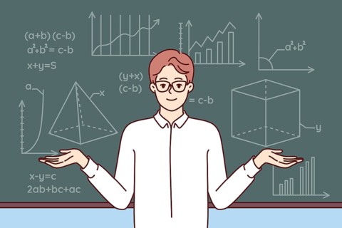 Man mathematics teacher stands near school blackboard with formulas and geometric drawings. Young