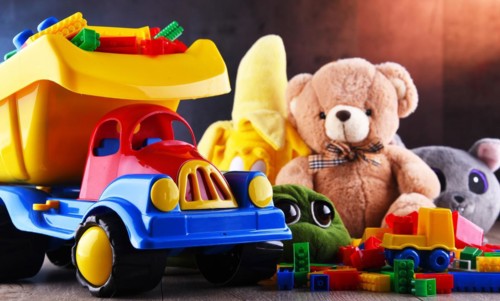 Colorful plastic and plush toys in a children's room