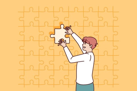 Business man putting last piece of puzzle in free space for problem solving concept. Guy in