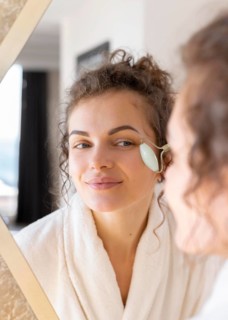 Woman looking mirror doing face massage 3