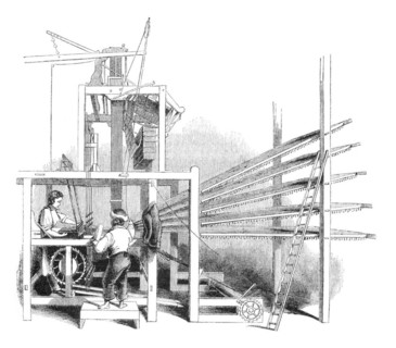 A Day at a scotch carpet-factory in Glasgow: Brussels carpet-loom. Engraving from a british