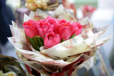Bouquet of red tulips wrapped in colourful paper