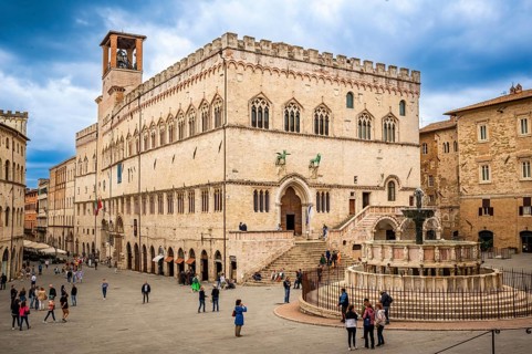 Perugia, Italy - May 30, 2024: Beautiful Main Square of Palace of Priors, Umbria, Italy, Europe