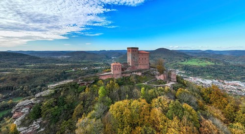 Aerial view, Reichsburg Trifels, Annweiler, Palatinate, Rhineland-Palatinate Forest in autumn,