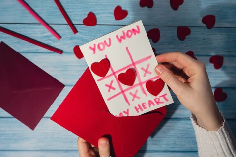 Valentines Day. Instructions for making valentine cards. Text YOU WON MY HEART and tic tac toe game