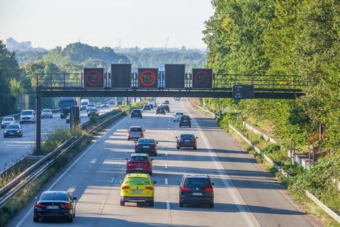 Motorway and electronic warning sign with speed limit, Bremen, Germany, Europe