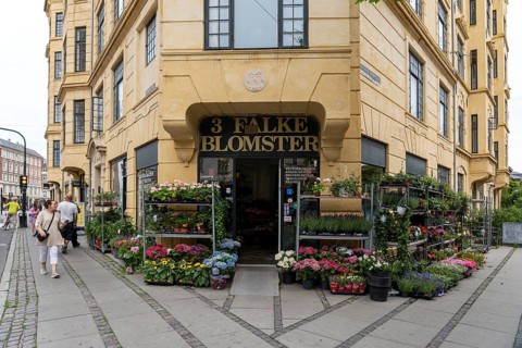 June 30, 2023, Copenhagen, Denmark: Store front of a flower shop on Falkoner Alle in Frederiksberg