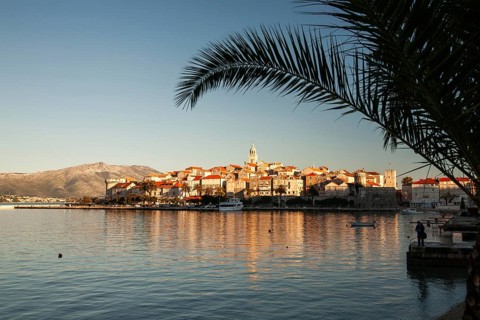 The harbour of Korcula with the castle and the city wall, Central Dalmatia, Dalmatia, Adriatic