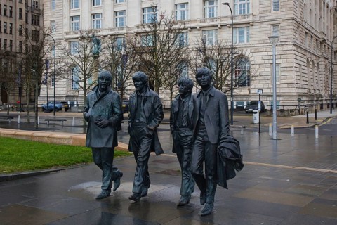 Beatles sculpture group, created by sculptor Andy Edwards in 2015, depicting George Harrison, John