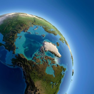 A fragment of the Earth with high relief, detailed surface, translucent ocean and atmosphere,