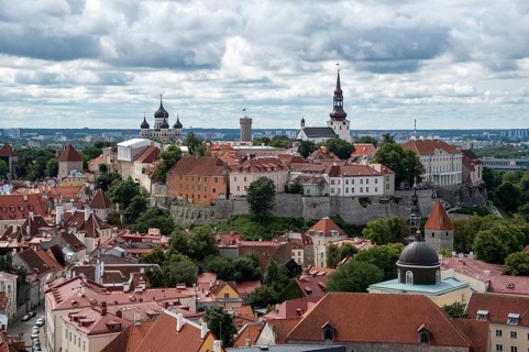 Tallinn Estonia cityscape. View from tower of Saint Olaf Church of old the city of Tallin. Toompea