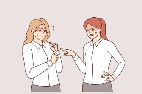 Rude woman manager makes reprimand subordinate, scolding due lack of subordination and mistakes in