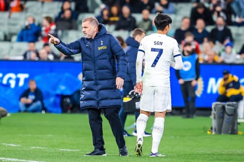 MELBOURNE, AUSTRALIA, MAY 22: Ange Postecoglou of Tottenham Hotspur shouts instructions to his