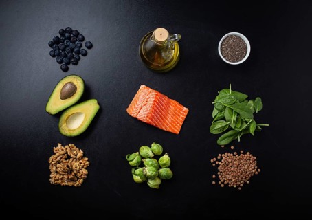 Set of food products as healthy fat sources, ingredients rich in Omega fatty acids: salmon fillet,