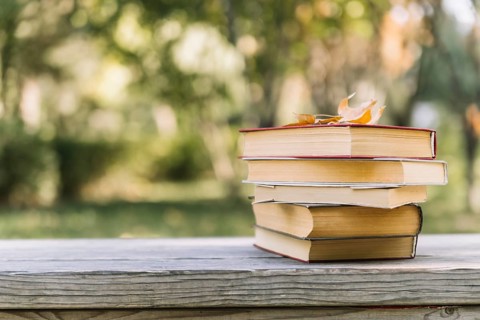 Piled books table