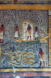 Wall painting, sun barque, burial chamber of Ramses I, tomb number KV 16, tomb, Valley of the