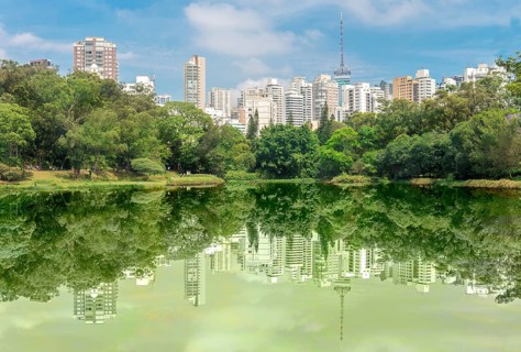 Sao Paulo, Brazil, October 15 2016: The buldings and forest reflection over the lake at the