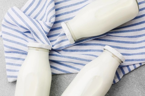 Top view organic milk bottles cloth