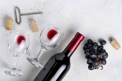 Flat lay red wine bottle table. Resolution and high quality beautiful photo