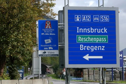 Motorway sign Bregenz Innsbruck Reschenpass