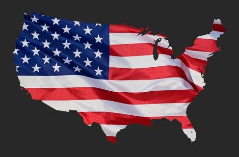 Outline map of the USA designed with the national flag