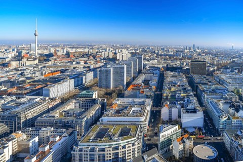 Aerial view, television tower, Leipziger Straße, Axel Springer tower, Berlin Mitte, Kreuzberg,